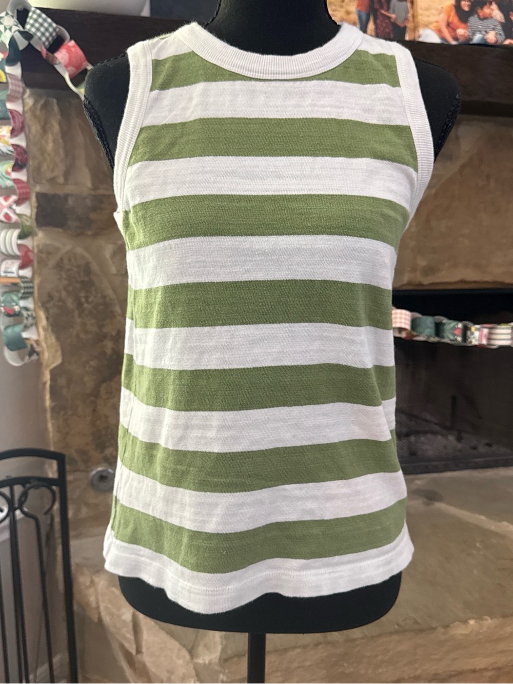 LOFT Olive Green & White Striped Sleeveless Rib Tank